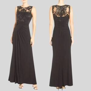 ELIZA j.  Sequin Lace Bodice Draped Jersey Gown Dress Black Size 6